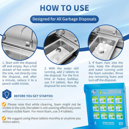 Foaming Garbage Disposal Cleaner and Deodorizer Tablets-24 Pack Food Disposal Cleaner, Quickly Eliminates Odors, XL Powerful Foaming Action, Refreshing Lemon Scent, Natural Ingredients, 1 Year Supply