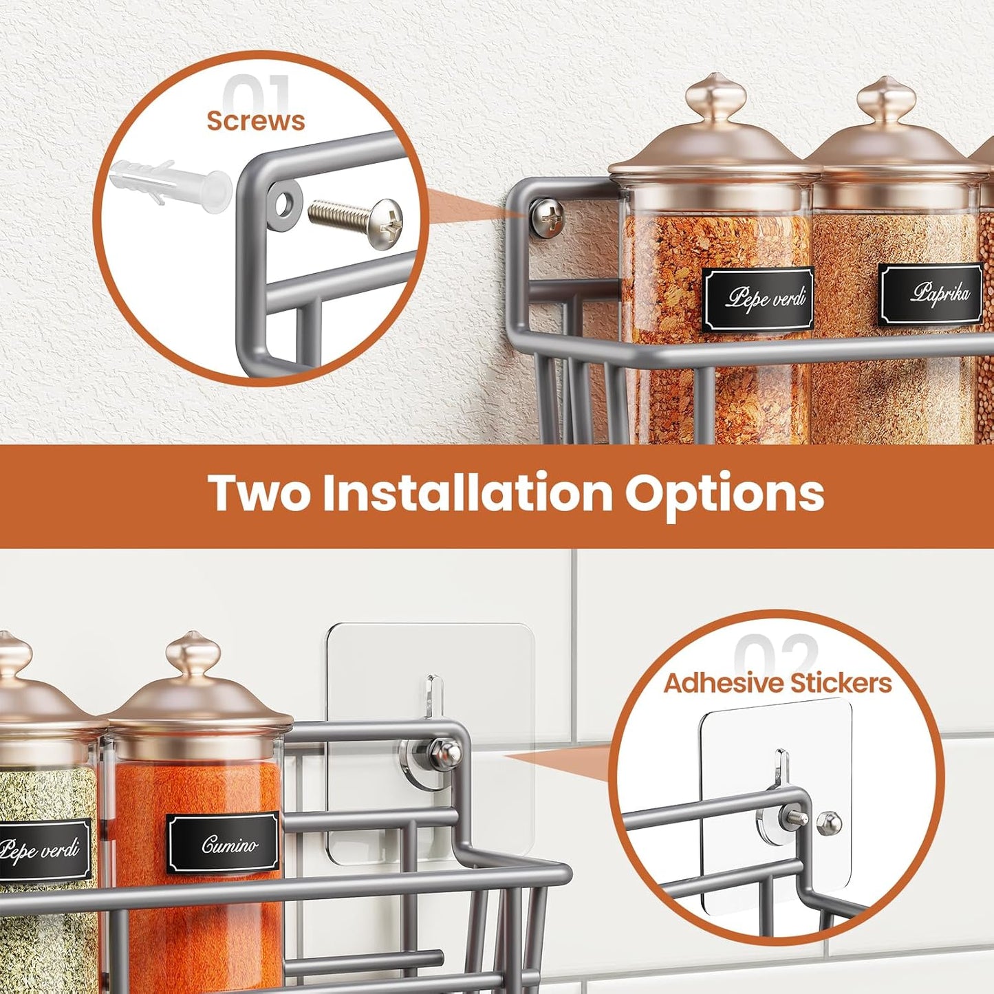 5 Pack Spice Rack Seasoning Organizer Wall Mount, Screw or Adhesive Hanging Shelf Basket Spice Organizer Shelf for Kitchen, Gray