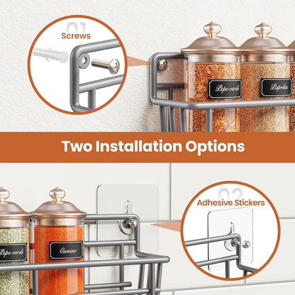 5 Pack Spice Rack Seasoning Organizer Wall Mount, Screw or Adhesive Hanging Shelf Basket Spice Organizer Shelf for Kitchen, Gray
