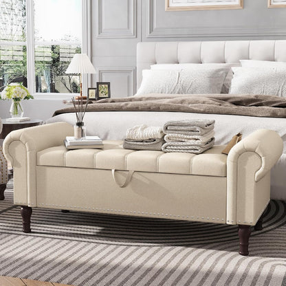 Apicizon 51”Storage Ottoman Bench, Soft Faux Leather Indoor Bench with Rolled Arm and Vintage Rivets, Large Storage Chest for Bedroom, Living Room, Entryway，Beige+Brown Legs