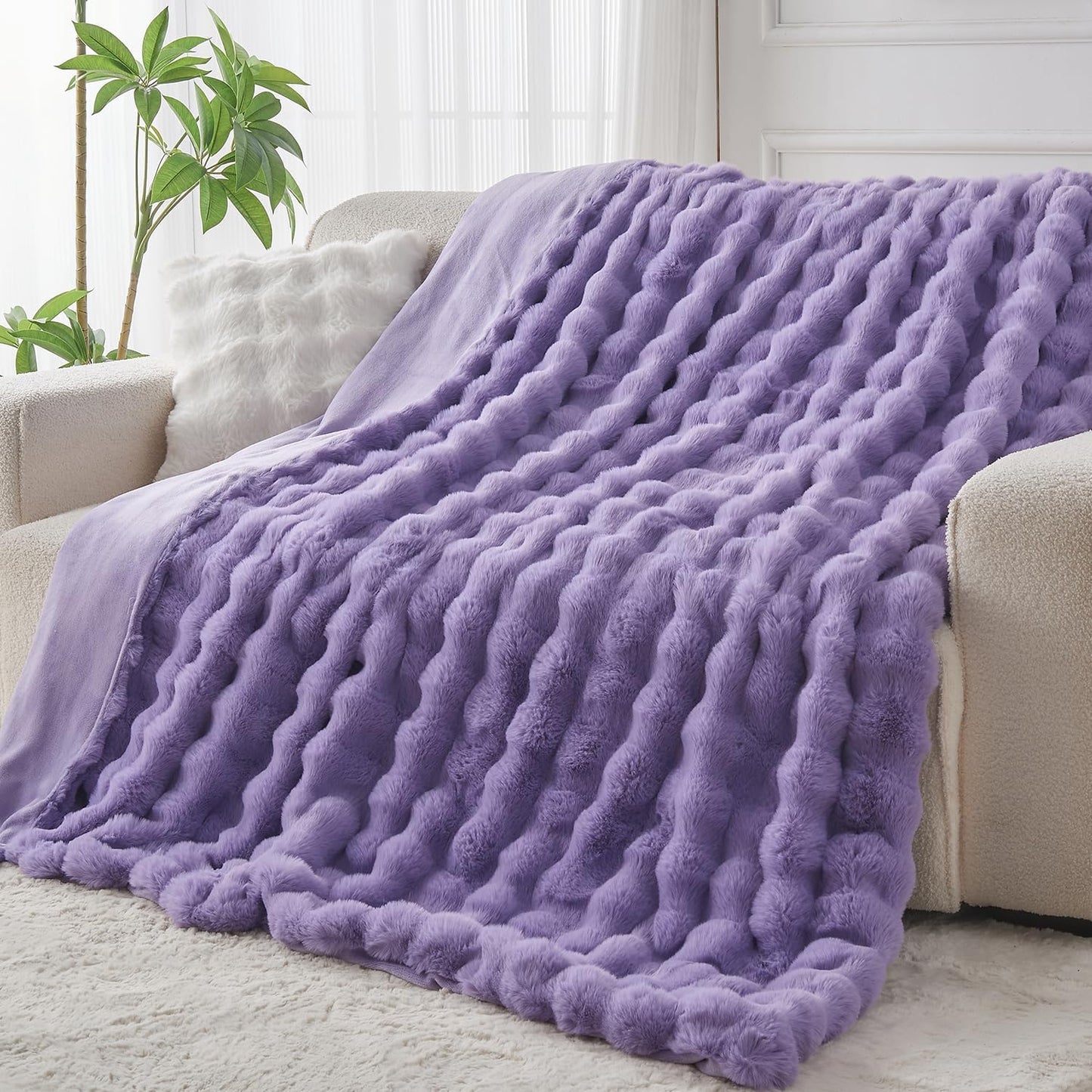 Lotus Karen Faux Fur Throw Blanket Purple - Big Bubble Rabbit Fluff Blanket for Couch Bed Sofa,Softest Fluffy Fuzzy Cozy Blanket,Thick Furry Plush Shaggy Warm Blankets for Women,50x60 Inches