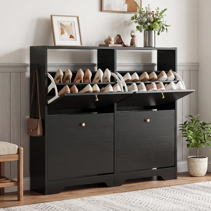 Nicetree Shoe Cabinet, 4 Flip Drawers Slim Black Entryway Storage