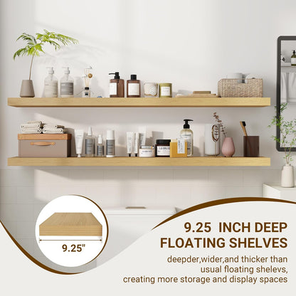 55 Inch Floating Shelves, 3D Textured Wood Grain, 55"x9.25"x1.5" Inch Deep Floating Shelves for Wall, Wooden Shelves for Bathroom, Bedroom, Living Room, Natural