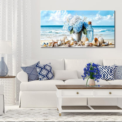 LASMOND Romantic Beach Wall Art for Living Room Blue Shells Conch Vase Canvas Prints Modern Large Flower Bottle Bedroom Ocean Artwork Decor (30x16 Inches)