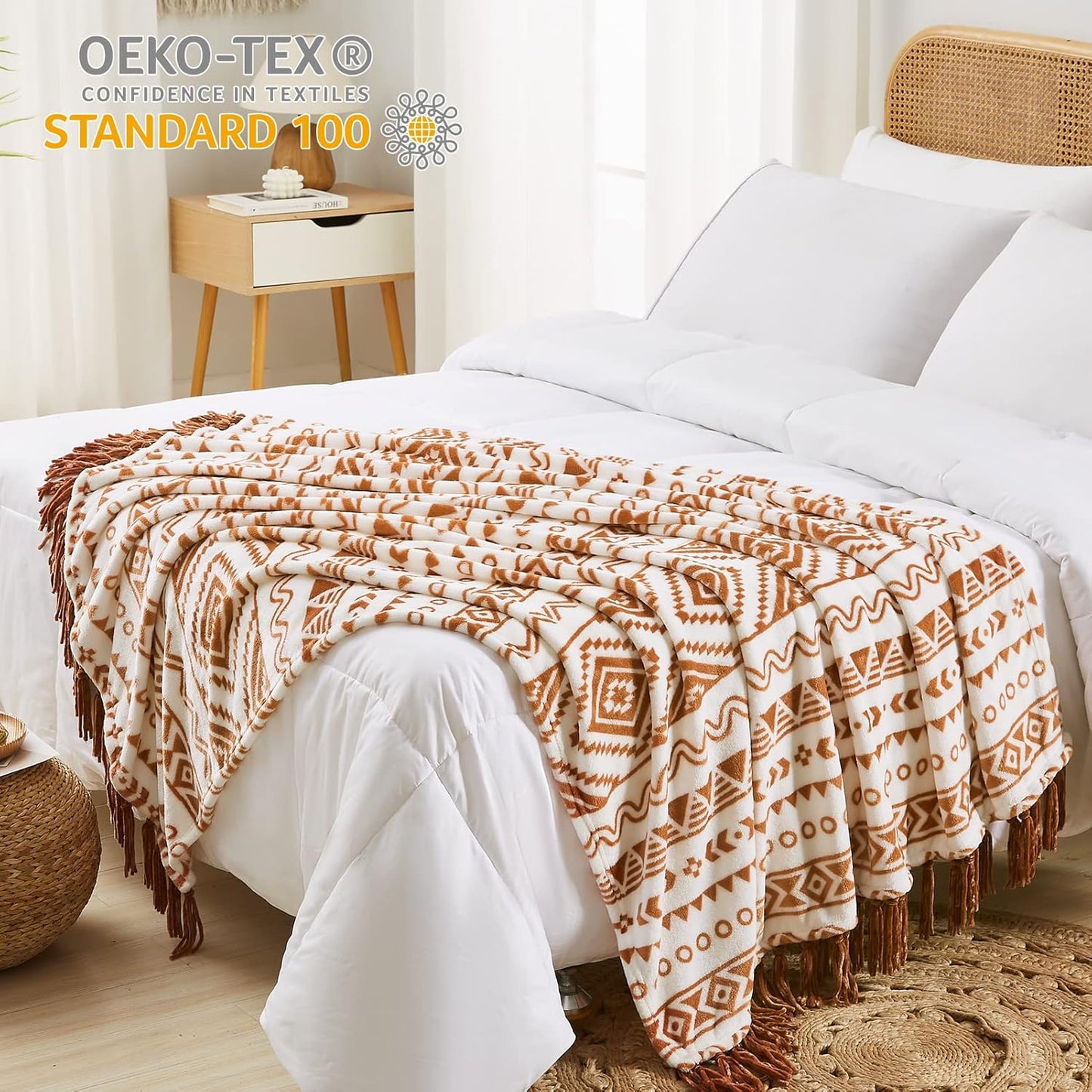 CASAAGUSTO Boho Throw Blanket - Terrcotta Decorative Blankets with Tassel, Printed Flannel Bohemian Blanket for Chair, Bed, Sofa, Couch(50 * 60, Terrcotta)