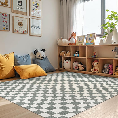 jinchan 6x9 Checkered Area Rugs for Kids Room - Machine Washable Soft Rug Modern Geometric Lattice Non-Slip Carpet for Nursery Playroom Classroom Living Room Bedroom Dining Room Home Office Grey