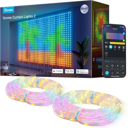 Govee Curtain Lights 2, Smart LED Curtain Light with DIY GIF AIGC, 1040 LEDs, RGBIC Color Changing Christmas Lights for Holiday Bedroom Window Dynamic Decor, Outdoor IP65 Waterproof, 9.8×6.6ft