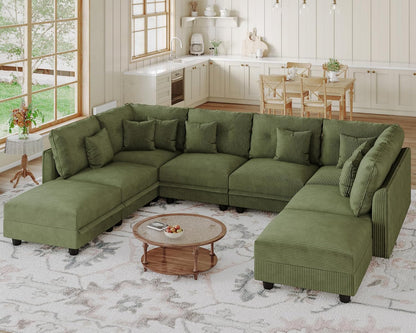 LLappuil Modular Sectional Sofa with Storage Seats, Corduroy Convertible Modular U Shaped Sectional Couch for Living Room, 8 Seat Oversized Sofa with 8 Back Cushion 8 Throw Pillow, Green
