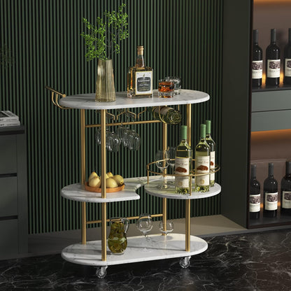 Gold Bar Carts with 4-Tier Storage Shelves, Mobile Bar Serving Cart with Wine Rack and Glass Holder, for The Home, Kitchen, Living Room, Dining Room