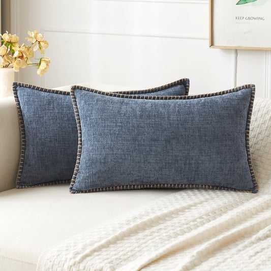 MIULEE Pack of 2 Couch Throw Pillow Covers 12x20 Inch Dark Grey Blue Farmhouse Decorative Pillow Covers with Stitched Edge Soft Chenille Solid Dyed Spring Pillow Covers for Sofa Bed Living Room