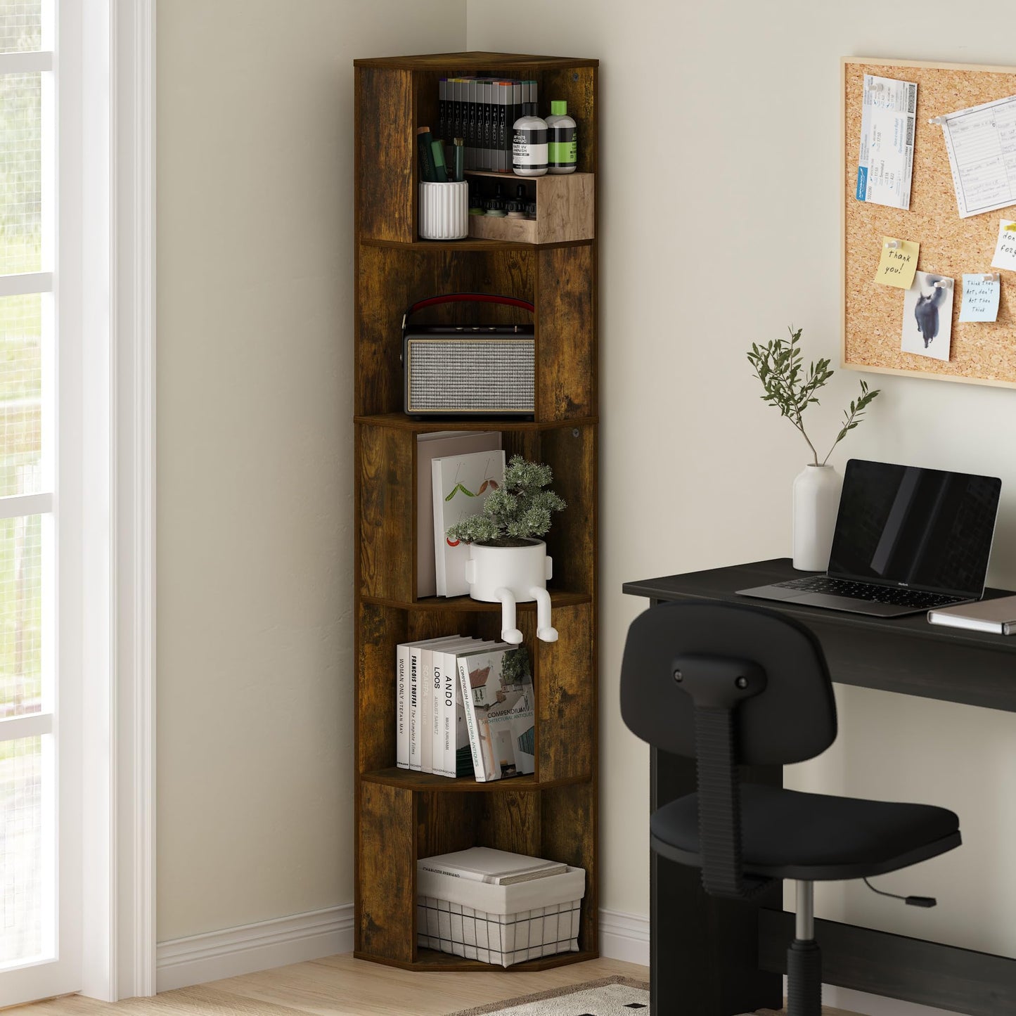 Furinno ECON Corner Shelf, 5-Tier Corner Book Shelf, Standing Storage Shelves, Cube Display Rack