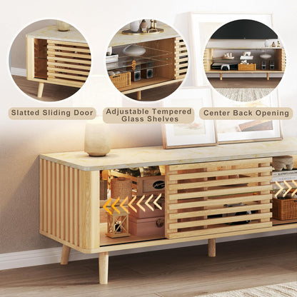 70" Mid Century Modern TV Stand for 55/65/75 Inch TV, Faux Marble Top Entertainment Center with Slatied Sliding Door & LED Lights, Low TV Console with Glass Shelves for Bedroom, Living Room