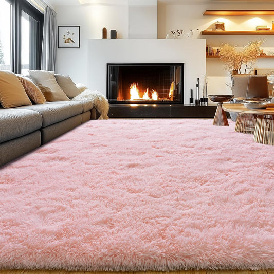 Ultra Soft Pink Rugs for Bedroom 8x10 Feet, Fluffy Shag Area Rugs for Living Room, Large Comfy Furry Rug for Girls Kids Baby Room Decor Teenage Pastel Princess Rug, Non Slip。