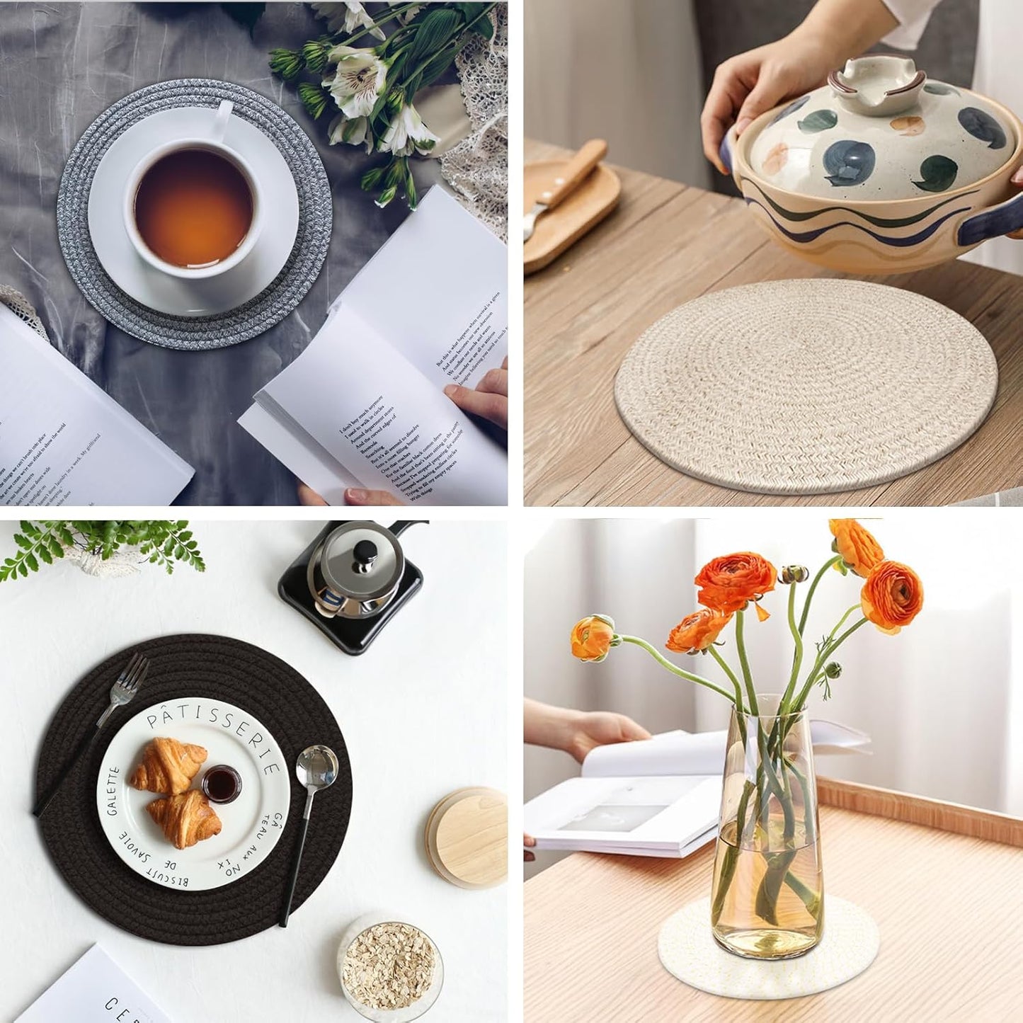 Round Placemats Set of 6, Cotton Rope Woven Table Mats, Hot Pads for Kitchen, Non Slip Heat Resistant Place Mats, 13 Inches Braided Placemat for Farmhouse Decor and Kitchen Table Decor (Beige Line)