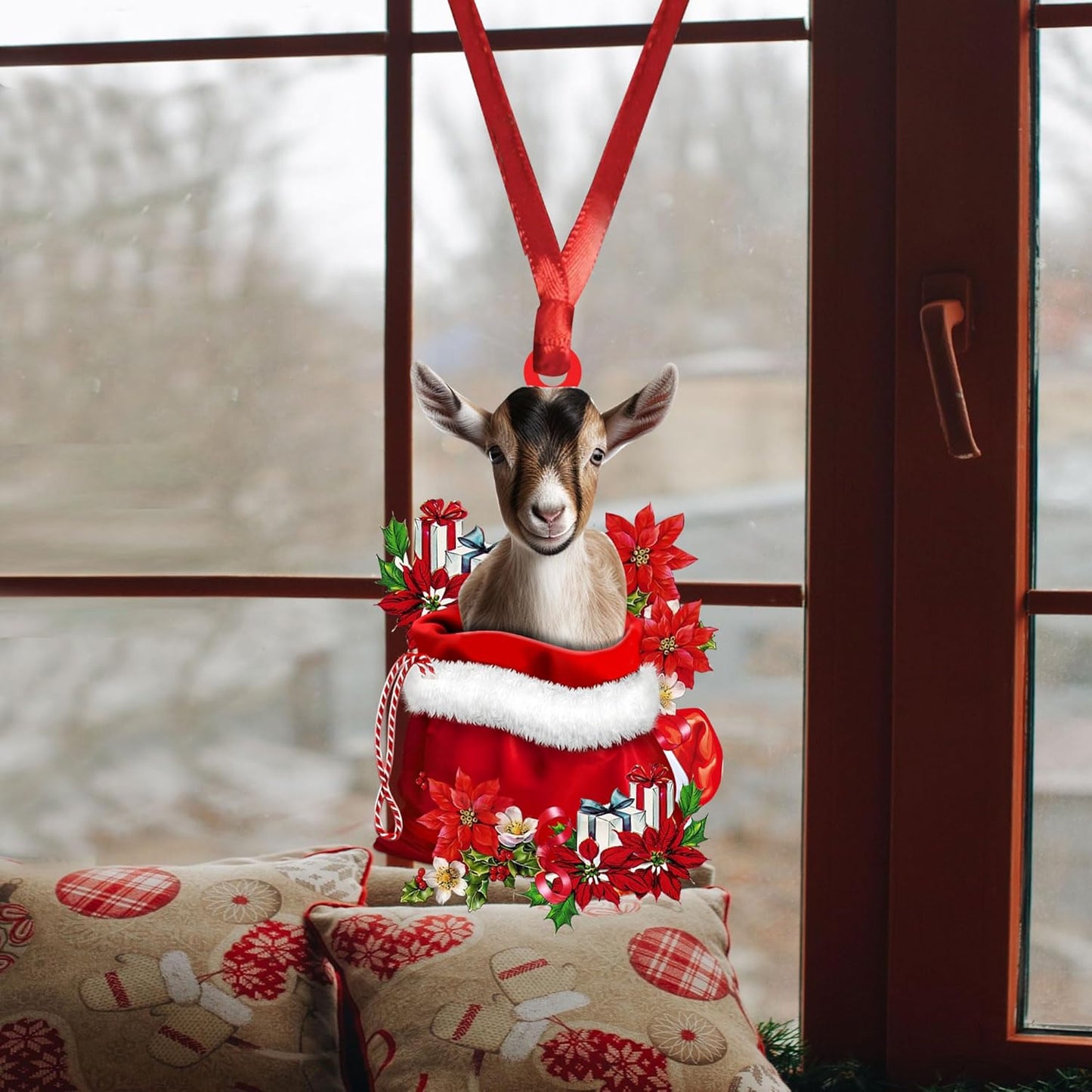 Talataca Goat 2D Flat Christmas Ornament, Goat in Red Santa Gift Bag Pine Tree Decor, Hanging House Charm Eve Keepsake, Car Rear View Mirror Accessories, Xmas Gift