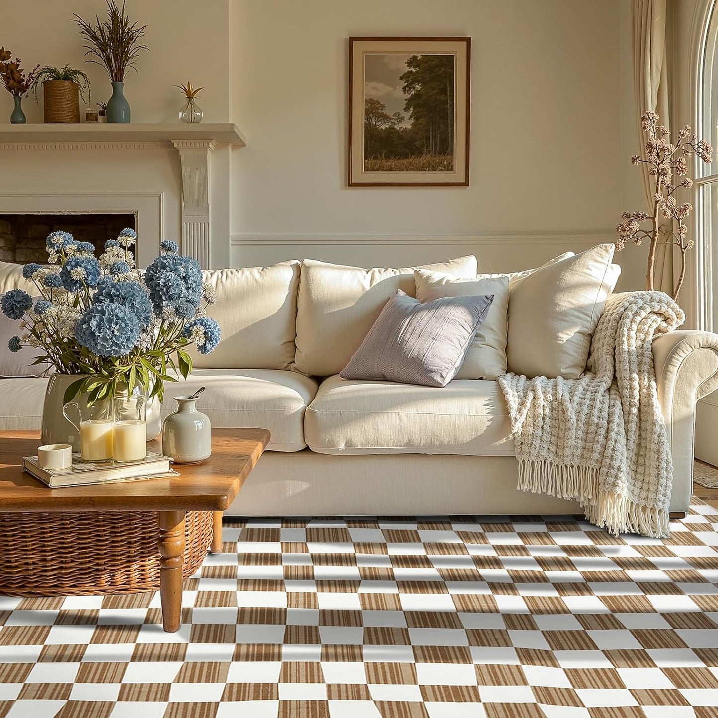 jinchan 4x6 Brown Checkered Area Rugs for Kids Room - Machine Washable Rug Modern Neutral Geometric Lattice Soft Non-Slip Carpet for Nursery Playroom Bedroom Entryway Living Room Home Office