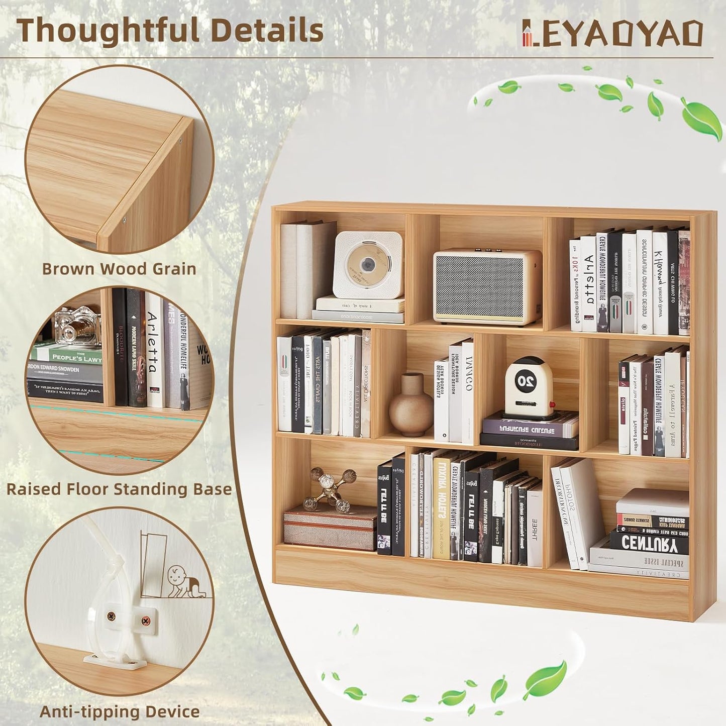 LEYAOYAO 10 Cube Bookshelf with Base,3 Tier Mid-Century Modern Grey Bookcase,Standing Wide Bookshelves Storage Organizer Shelf,Rustic Wood Display Cabinet Book Shelves for Bedroom,Living Room,Office