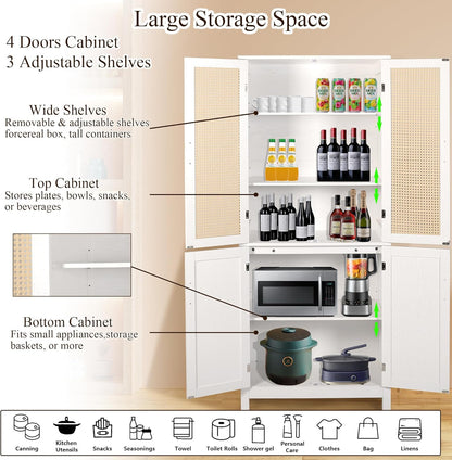 MISHAO 71" Kitchen Pantry Storage Cabinet, Tall Storage Cabinet with Rattan Doors & Adjustable Shelves, Freestanding Cupboard Wood Pantry for Kitchen, Living Room, Dining Room Hallway, White