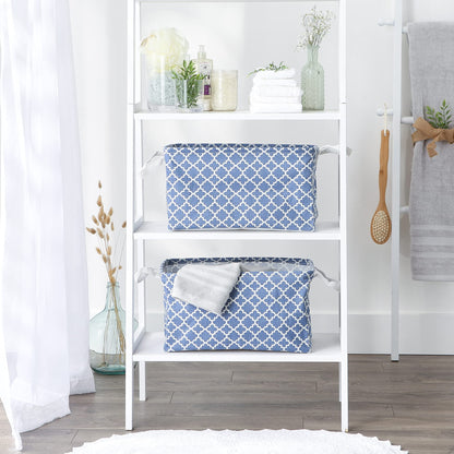 DII Laundry Storage Collection, PE Coated Collapsible Bin with Handles, French Blue Lattice, Large