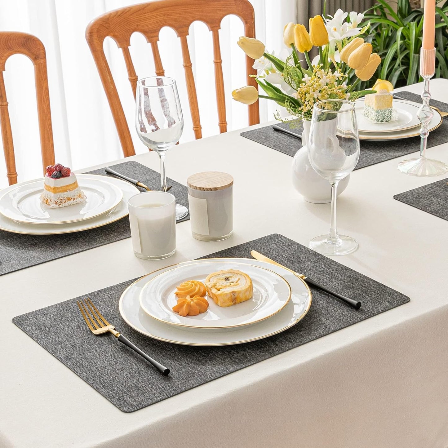 Romanstile Reversible Vinyl Placemats Set of 8, Faux Leather 100% Waterproof Oil-Proof Wipeable Place Mats, Heat Resistant Dual Sided Table Mats for Kitchen/Dining/Party (Dark Gray, 12 x 18 Inch)