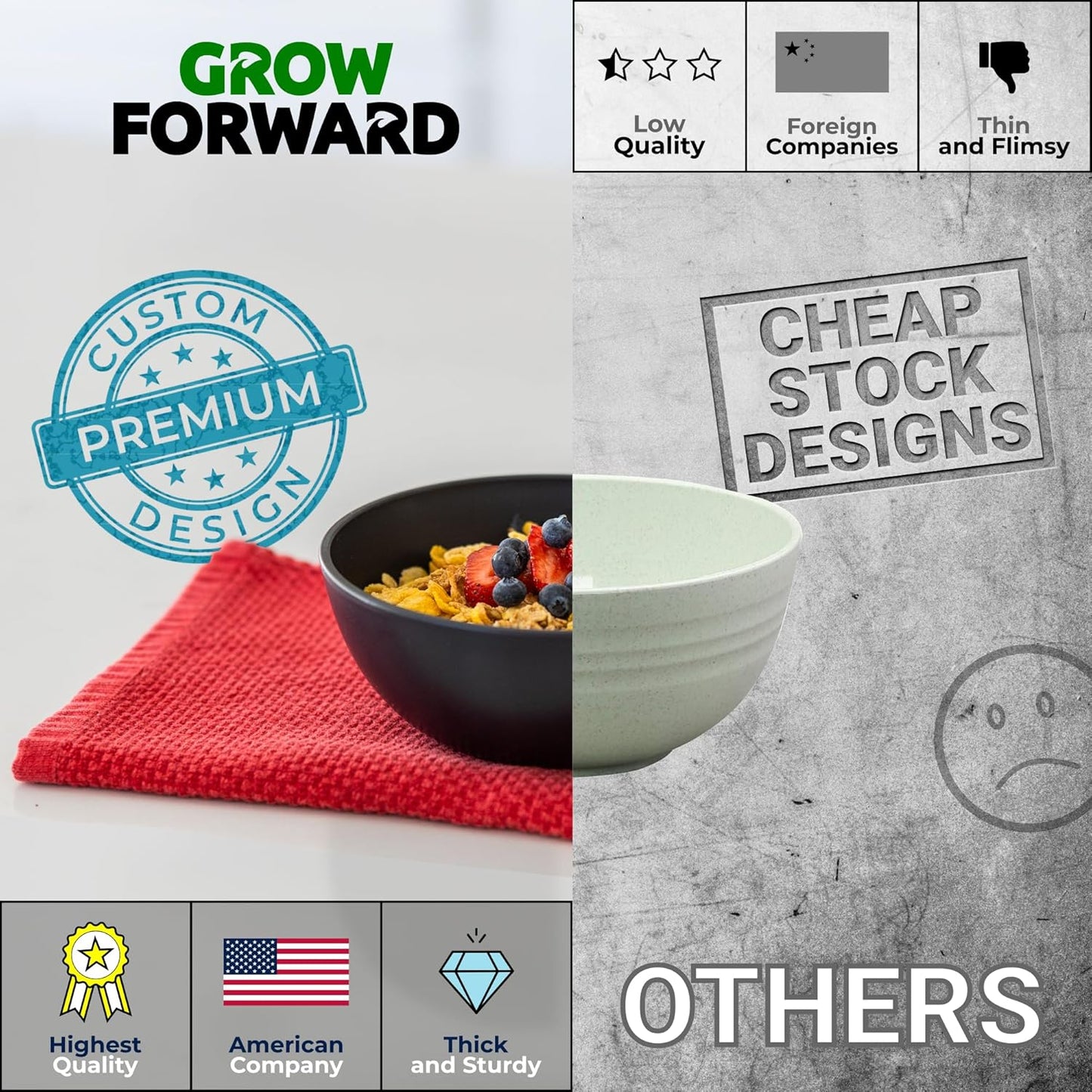 Grow Forward Premium Wheat Straw Bowls - 27oz Microwave Safe Plastic Cereal Bowls Set of 8 for Kitchen, Camping, RV, Dessert, Snack, Soup, Salad, Fruit - Reusable, Unbreakable & BPA Free - Midnight