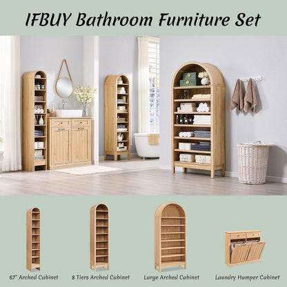 Tilt Out Laundry Hamper Cabinet, 10 Gallon Farmhouse Trash Can Cabinet with Drawer, Hidden Wood Garbage Can Bin Cabinets with Laundry Storage Basket for Bathroom, Kitchen, Natural