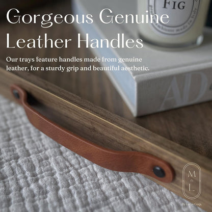 Medium Ottoman Wood Serving Tray- with Leather Handle Decorative Wooden 24 * 16 * 1.5 Inches Square Serving Tray Best for Coffee Table, Living Room and Kitchen