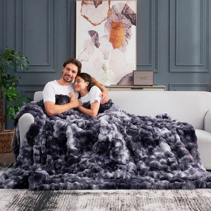 Cozy Bliss Faux Fur Throw Blanket for Couch, Fuzzy Soft Plush Thick Bubble Blanket for Sofa Bedroom Living Room, 90 * 90 Inches Tie Dye Black