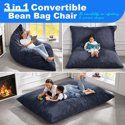 Hobestluk 3 in 1 Bean Bag Chair Giant Bean Bag Chairs for Adults with Plush Faux Fur Cover Convertible Bean Bag Floor Cushion with Machine Washable Cover for Living Room (Plush Dark Grey)