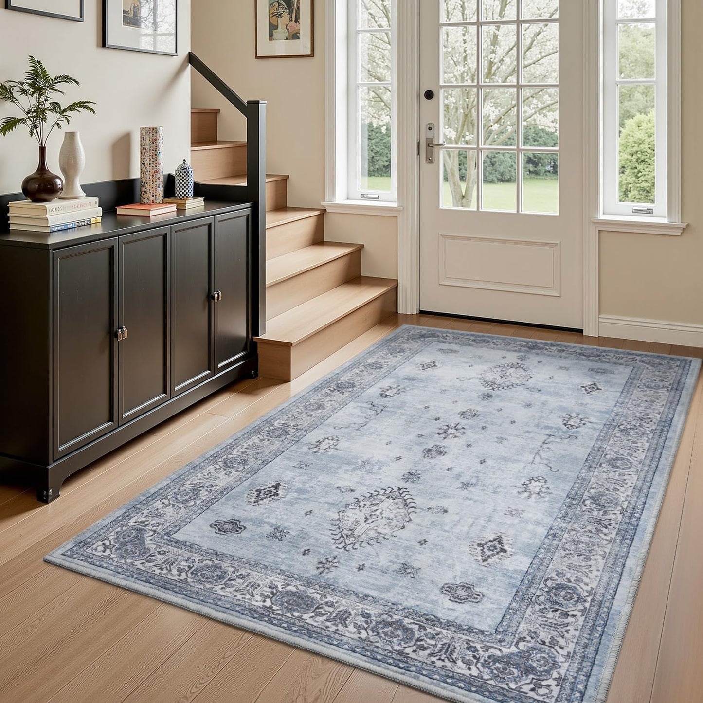 AMOAMI-Vintage Area Rug 3x5 Blue Rugs for Living Room-Soft Washable Rug Non Slip Entryway Rug Indoor Vintage Throw Accent for Bedroom Laundry Room Dining Bathroom Bedside