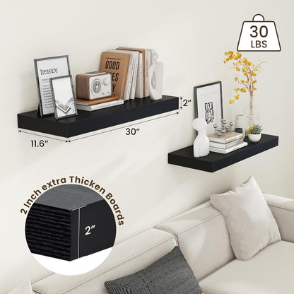 Deep Floating Shelves for Wall | 30W x 12D Black Floating Shelves Set of 2 | 12 Inch Deep Wall Shelves for Living Room Bathroom Laundry Room Bedroom Kitchen Home Office - Black