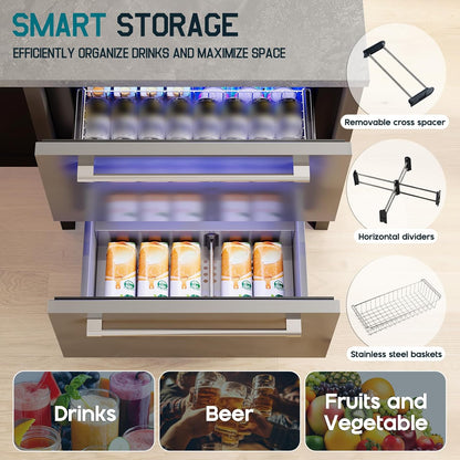 Albott 24 Inch Under Counter Drawer Fridge ??Stainless Steel Beverage Refrigerator with Dual Drawers, LED Touch Control, Adjustable Storage, Frost-Free, Low Noise, 34-72?? for Indoor or Outdoor Use