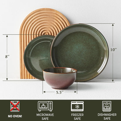 Stoneware Dinnerware Sets for 6, 18 Pieces Ceramic Plates and Bowls Sets, Chip and Scratch Resistant Dish Set, Dishwasher & Microwave Safe Plate Set, Brown Green