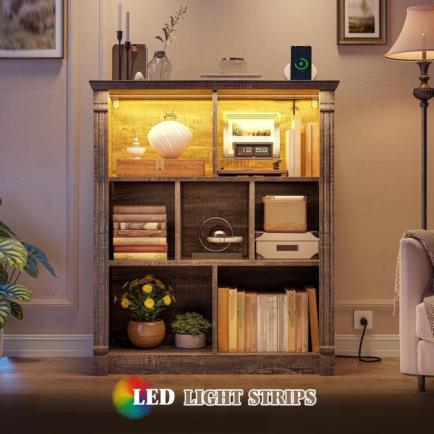 EnHomee 7 Cube Bookshelf Cubby Storage Organizer with LED Lights and Charging Station, Wood Shelf Display Cabinet for Bedroom, Living Room, Office Black Oak