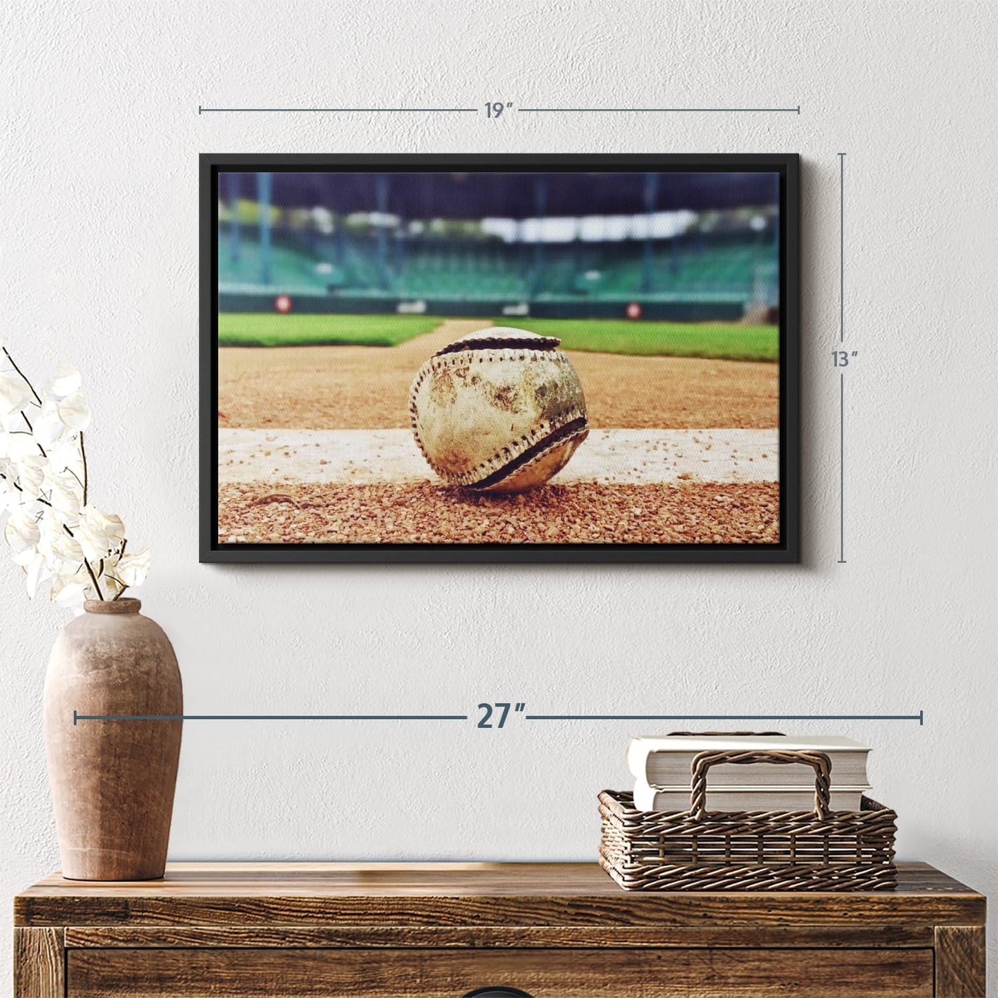 ElephantStock Baseball In Stadium Wall Art - Horizontal Framed Canvas - 1-Piece Living Room Wall Decor - Car Photography Canvas Print - Brown and Beige Decor for Wall - 19" X 13"