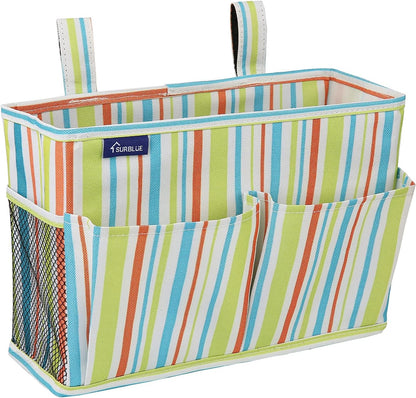 Surblue Bedside Caddy Hanging Bed Organizer Storage Bag Pocket for Bunk and Hospital Beds, College Dorm Rooms Baby Bed Rails,Wheelchair Side Bag,Camp Chiars,4 Pockets and 2 Hooks (Small GreenStripe)