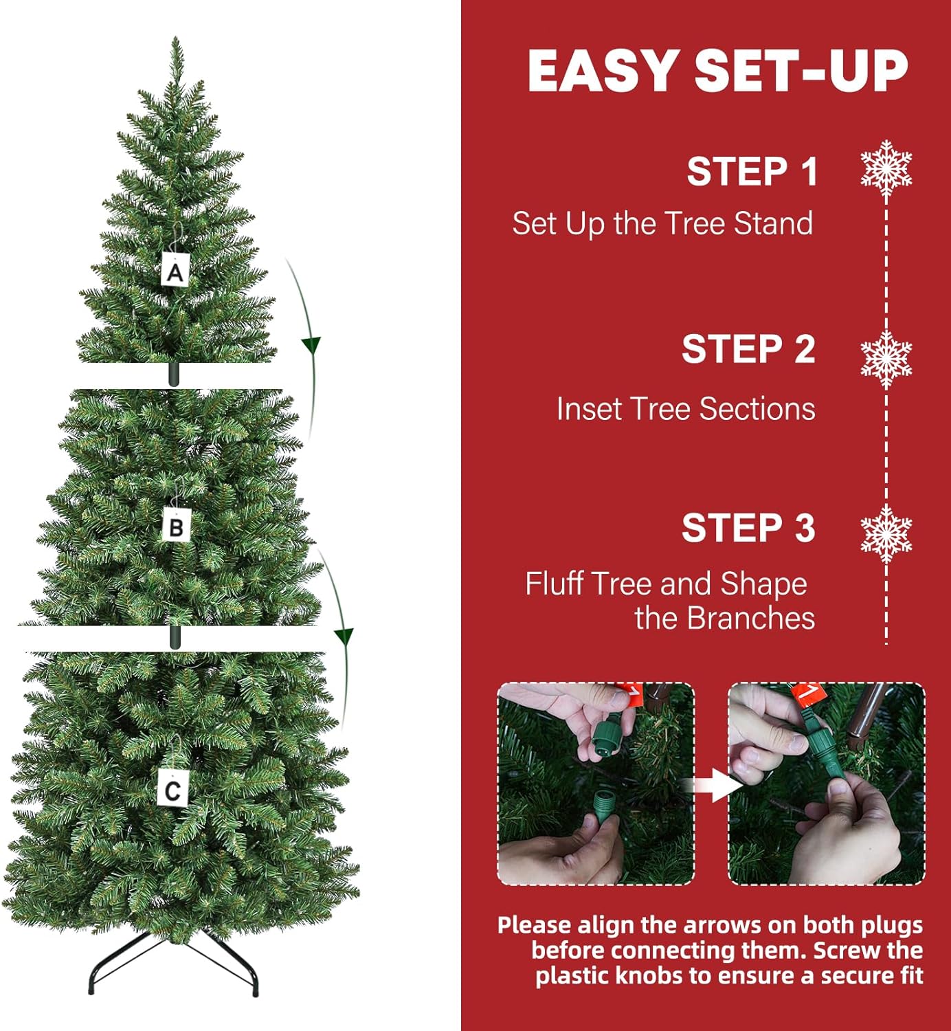 Hykolity 6ft Prelit Pencil Slim Christmas Tree with 200 Color Changing LED Lights, 544 Branch Tips, Metal Stand and Hinged Branches, 10 Color Modes