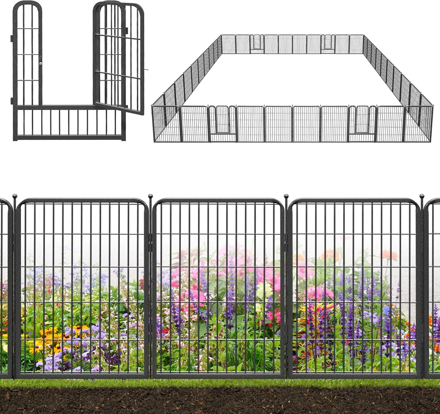 Decorative Black Metal Fencing Garden Fence with Gate, 91ft(L) 32in(H) 40 Fence Panels No Dig Fence Rustproof Animal Barrier Fence Temporary Dog Panels Fencing Outdoor
