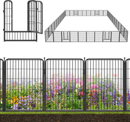 Decorative Black Metal Fencing Garden Fence with Gate, 91ft(L) 32in(H) 40 Fence Panels No Dig Fence Rustproof Animal Barrier Fence Temporary Dog Panels Fencing Outdoor