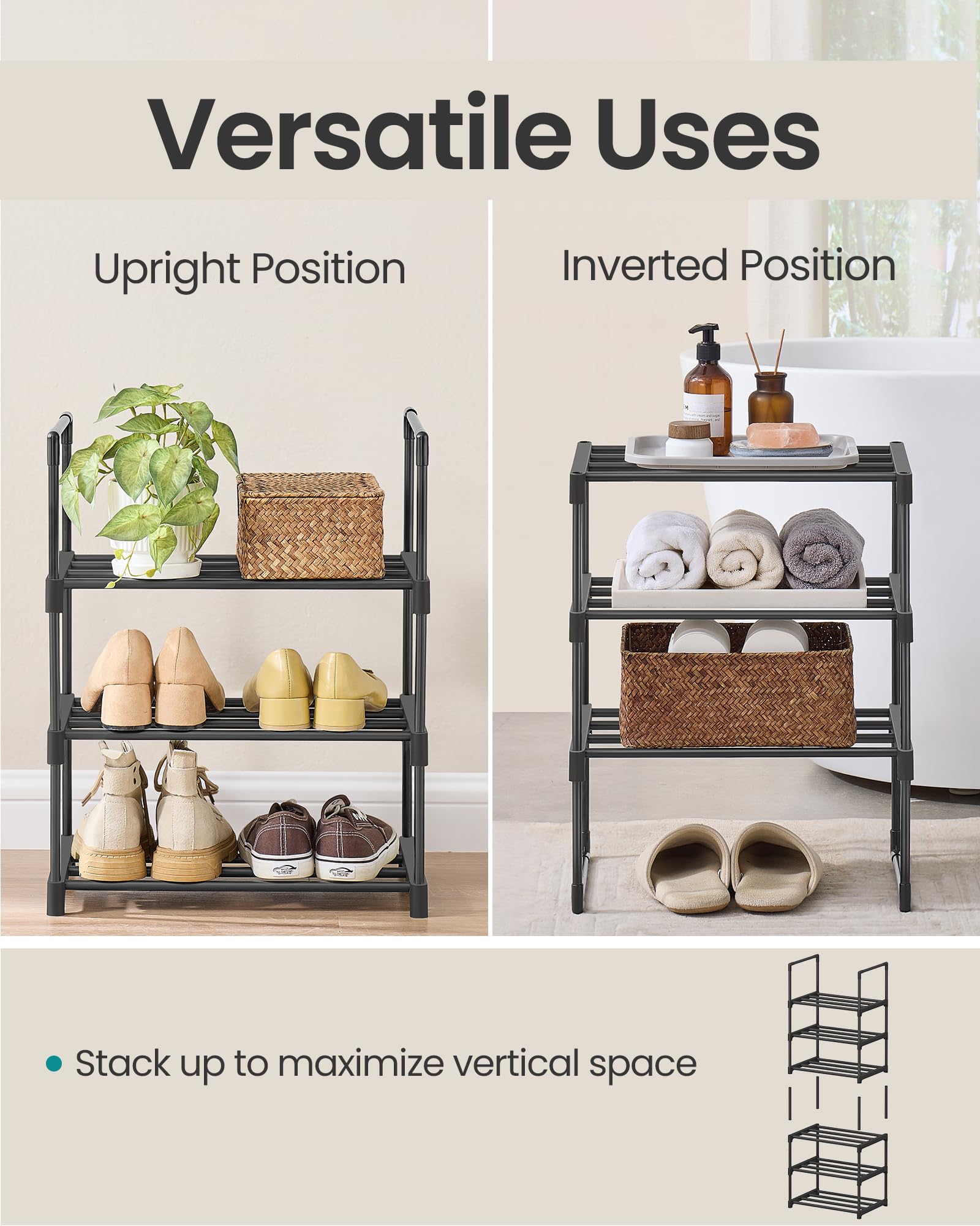 SONGMICS Shoe Rack, 3-Tier Shoe Organizer, Metal Storage Shelf, Upright or Upside Down, for 4-8