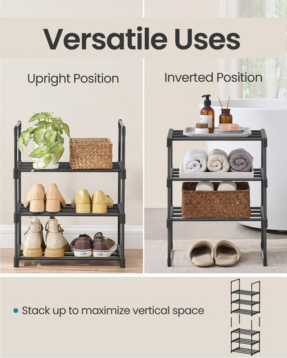 SONGMICS Shoe Rack, 3-Tier Shoe Organizer, Metal Storage Shelf, Upright or Upside Down, for 4-8