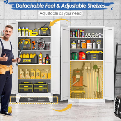 71" Tall Metal Storage Cabinet with 2 Doors and 4 Adjustable Shelves, Kitchen Pantry Cabinet White Freestanding Cupboard, 5 Tier Multifunctional Steel Storage for Office, Kitchen, Dining Room