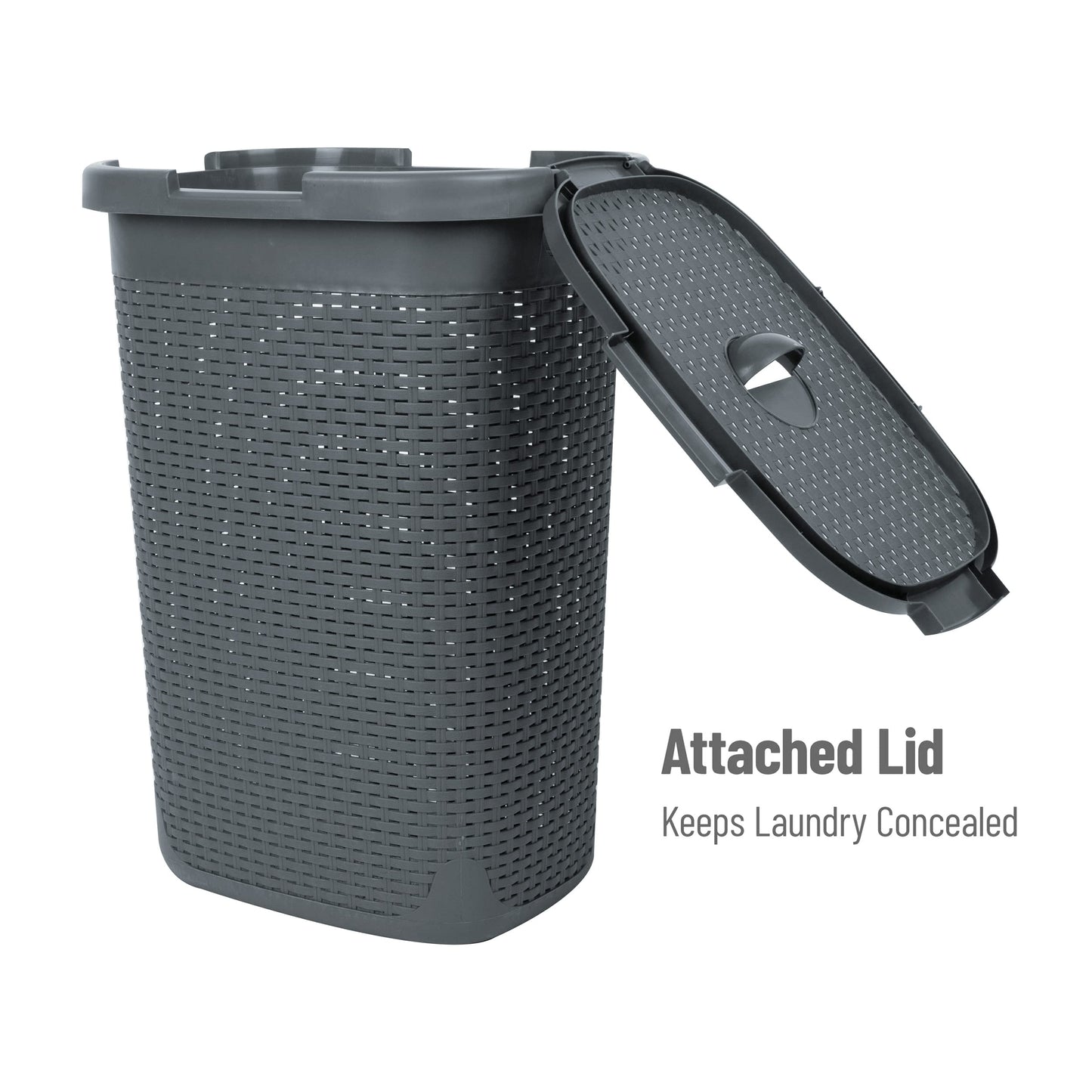 Mind Reader 60L Slim Laundry Hamper, Clothes Basket, Lid, Wicker Style, Plastic, 17.65"L x 13.75"W