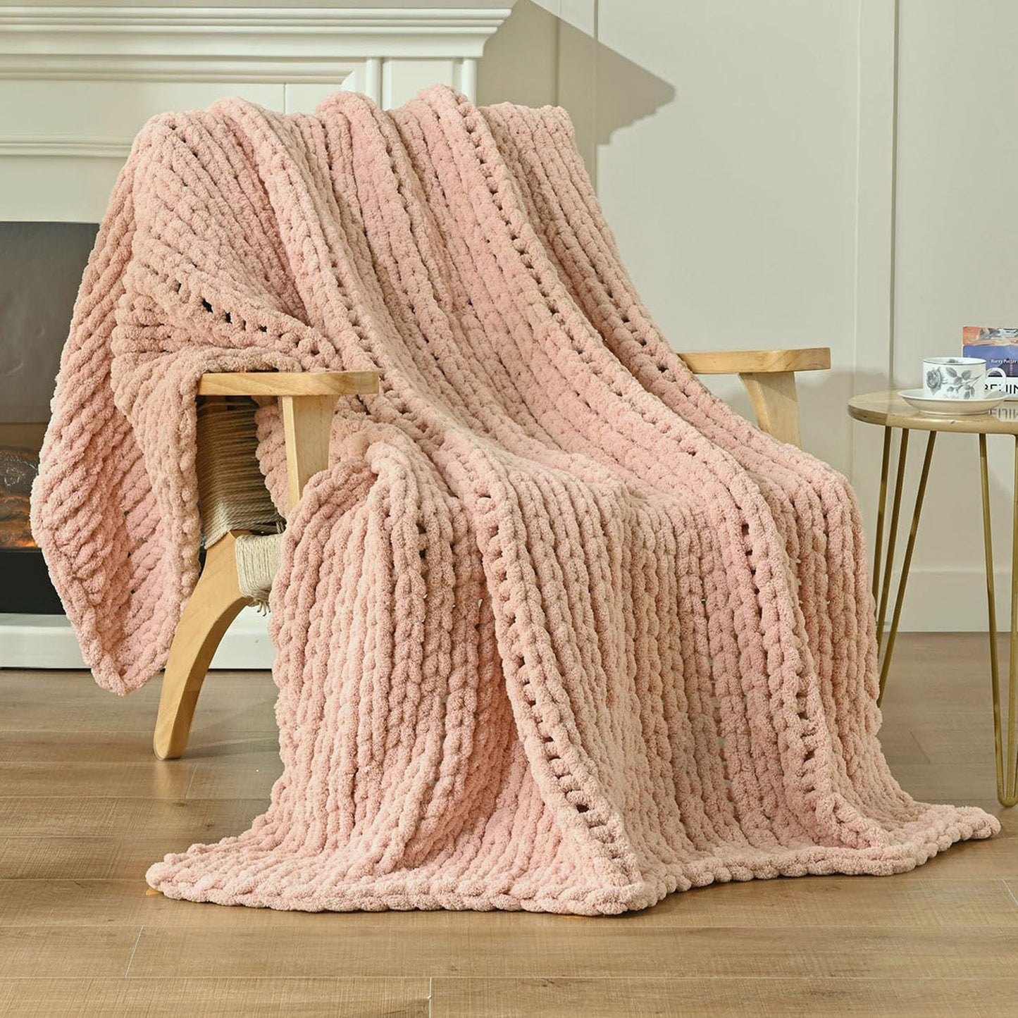 Esterra Chunky Knit Blanket Throw 40"x50", 100% Hand Knitted Chenille Throw Blanket, Cozy Soft Thick Cable Knit Throw Large Rope Knot Crochet Throw Blanket for Sofa Couch Bed, Dusty Pink