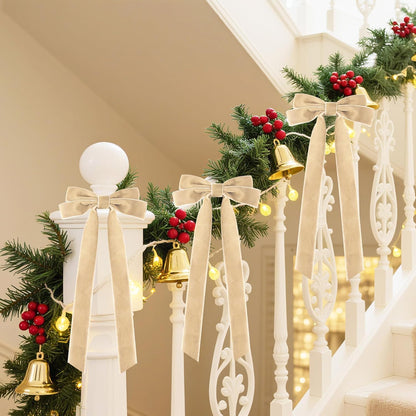 Senjie Velvet Large Christmas Bows for Staircase Garland Wreath, 20in x 8in Vintage Ribbon Bows with Twist Tie for Xmas Tree Holiday Indoor Outdoor Decorations (6Pcs, Khaki)