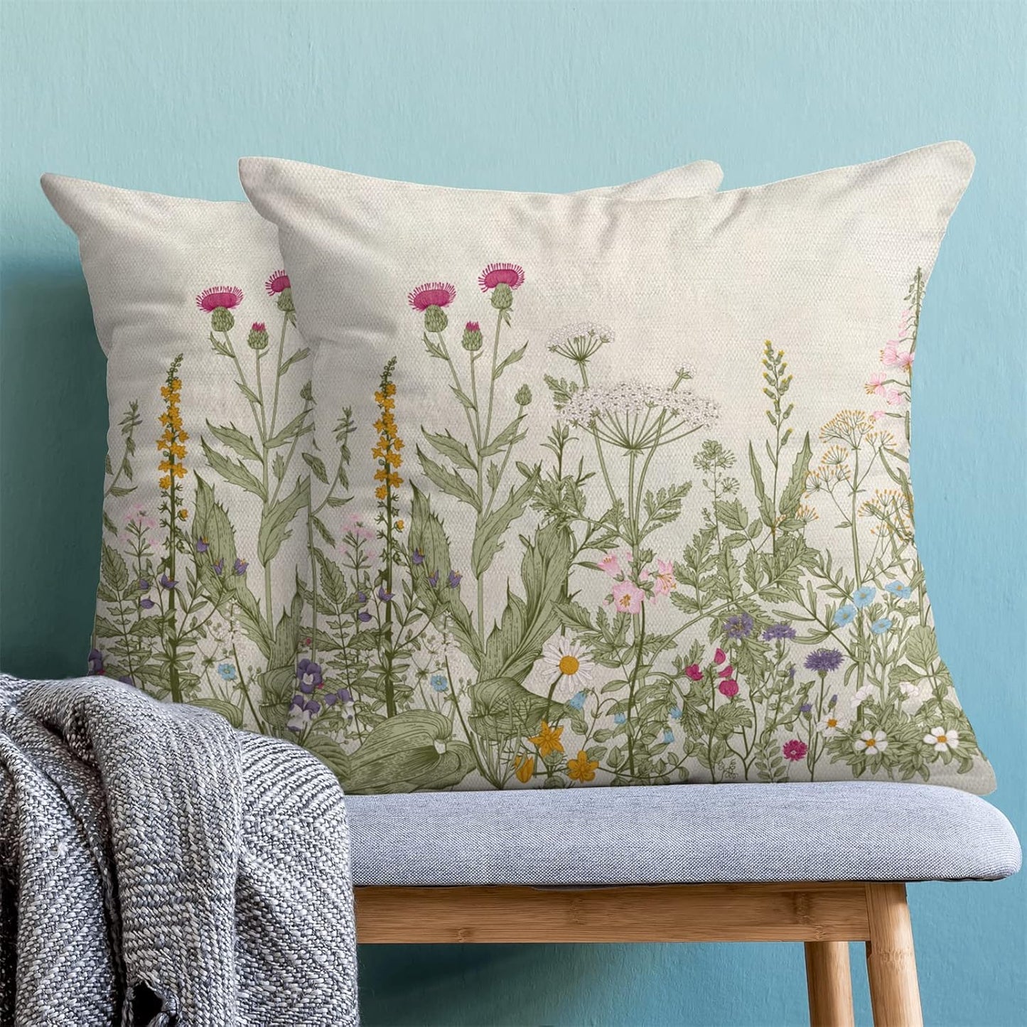 Spring Floral Pillow Covers 18 x 18 Inch Set of 2 Vintage Sage Green Wild Flowers Decor Throw Pillows Wildflower Plant Outdoor Farmhouse Decorative Cushion Cases for Couch Bed Sofa Decoration
