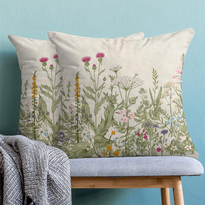 Spring Floral Pillow Covers 18 x 18 Inch Set of 2 Vintage Sage Green Wild Flowers Decor Throw Pillows Wildflower Plant Outdoor Farmhouse Decorative Cushion Cases for Couch Bed Sofa Decoration