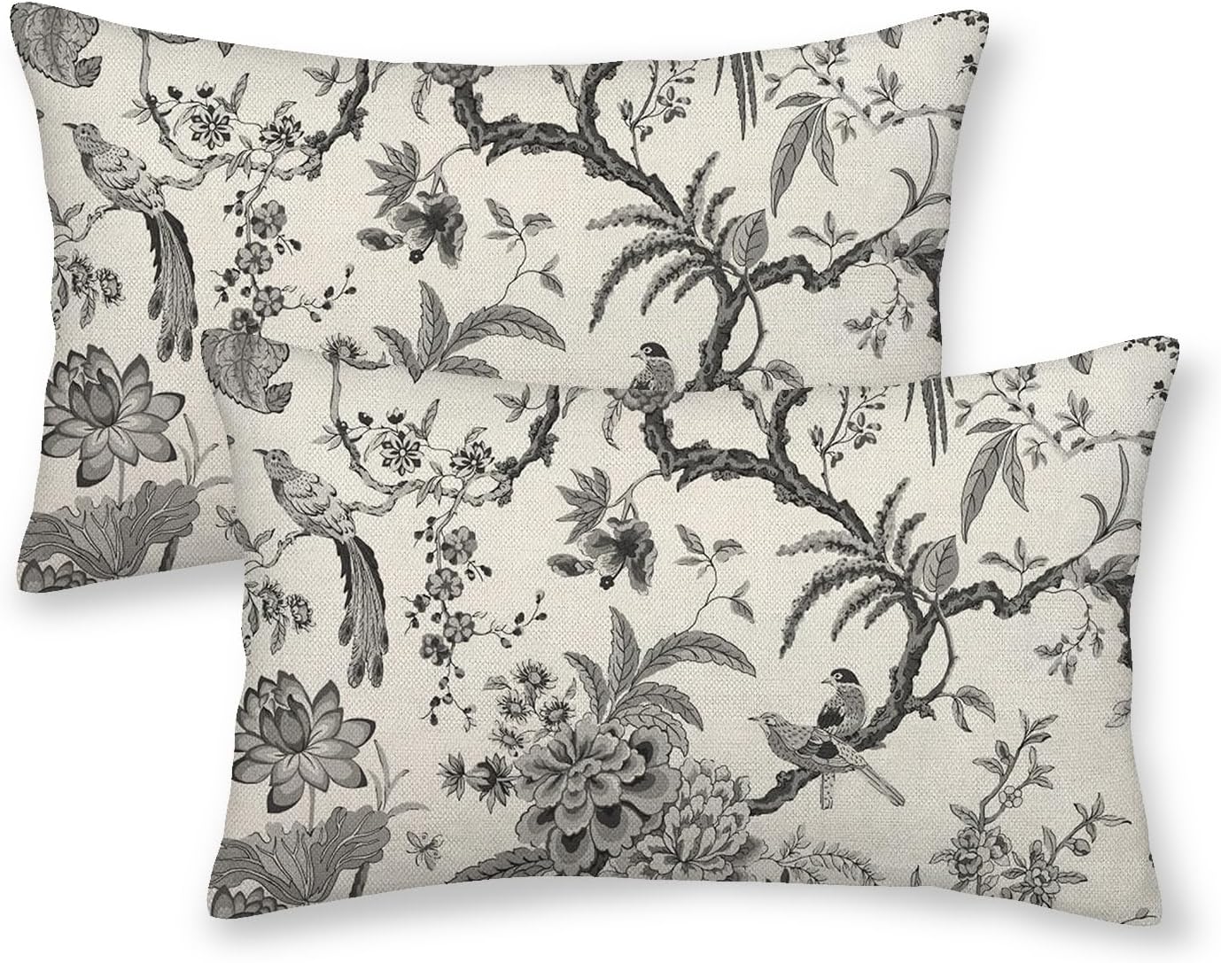 CXMEIFLY Spring Floral Birds Pillow Covers 12 x 20 Inch Set of 2 for Chinoiserie Flowers Decor Throw Pillows Black and White Plant Outdoor Decorative Cushion Cases for Couch Bed Decorations