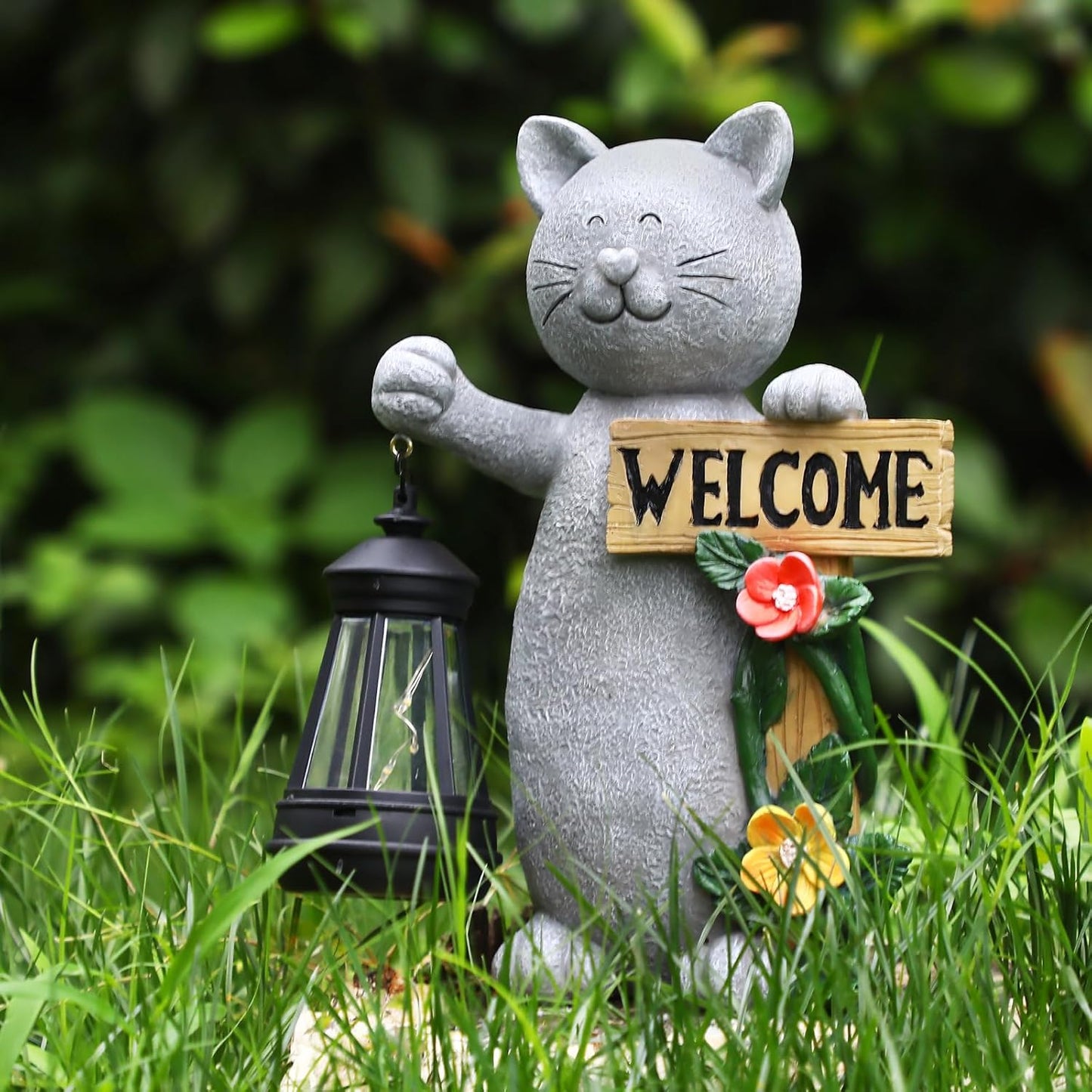 Json Garden Statue Solar Cat Figurine with Lantern, Solar Garden Decorations Statues for Patio, Balcony, Yard Ornament, Unique House Warming Gifts Figurine Lights, Gifts for Women, Mom