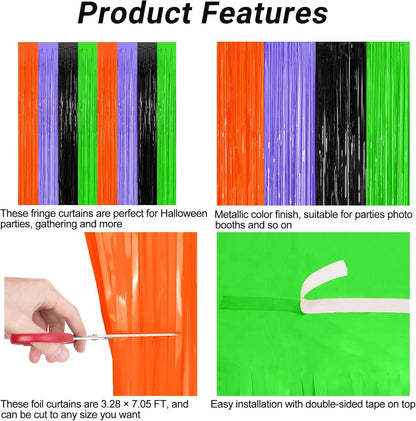 2 Pack Halloween Backdrop, 3.28 FT x 7.05 FT Orange Purple Black Green Party Streamer, Metallic Foil Curtains Tinsel Backdrop, Halloween Party Decorations Photo Props for Door Wall